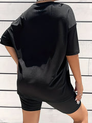Letter Print Matching 2 Pc Set Short Sleeve T shirt & Skinny Shorts