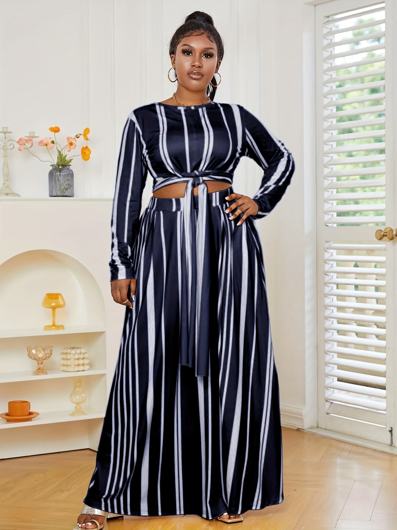 Striped Knot Front Crop Top & Maxi Skirt Set