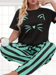 Cat Print Pajama Set Women's Plus Short Sleeve Top & Striped Pants