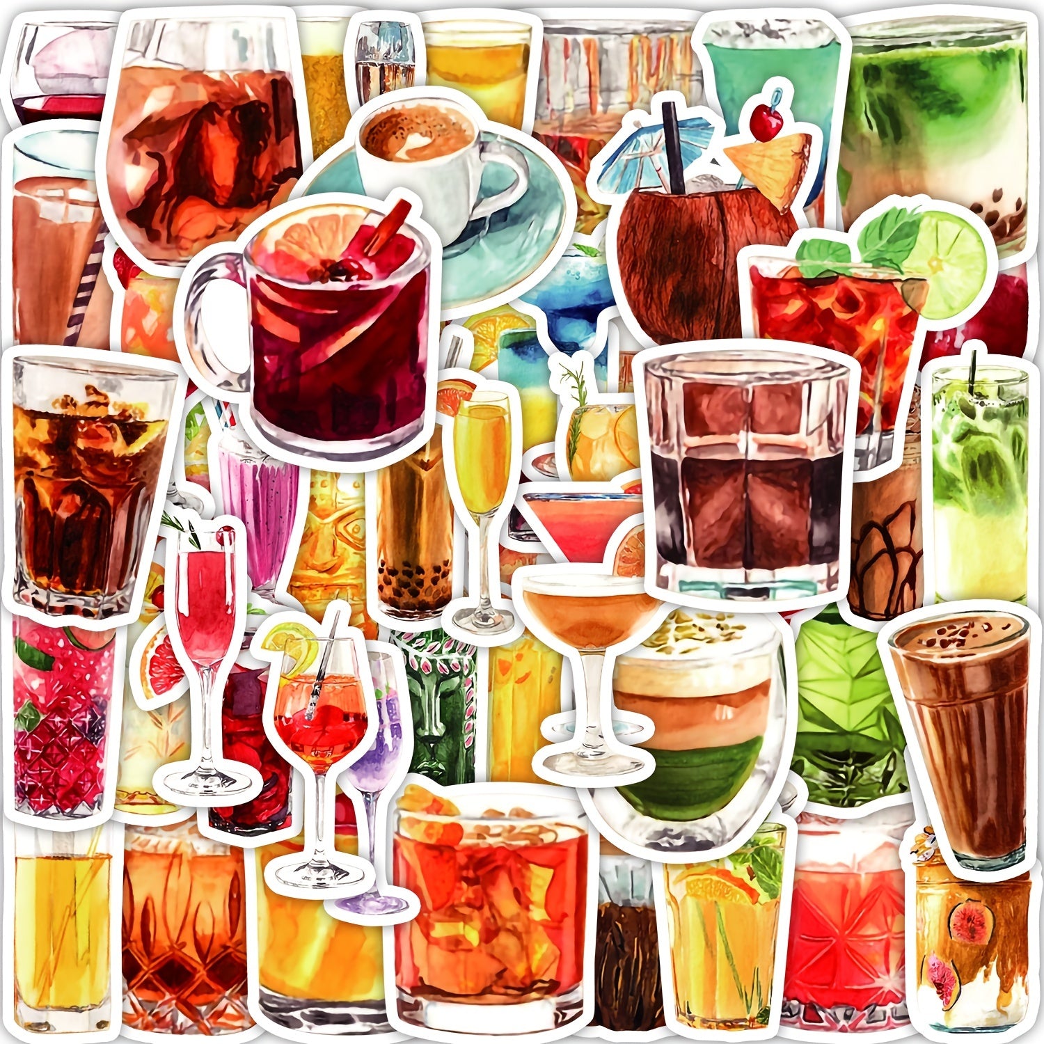 50pcs Watercolor Cocktail Sticker Pack Waterproof Vinyl Graffiti Decals