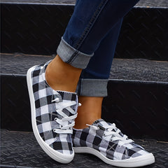 Plaid Pattern Non-slip Flat Shoes Women's Casual Lace Up Sport Shoes