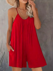 Ruched Cami Rompers Casual Sleeveless Rompers With Pockets