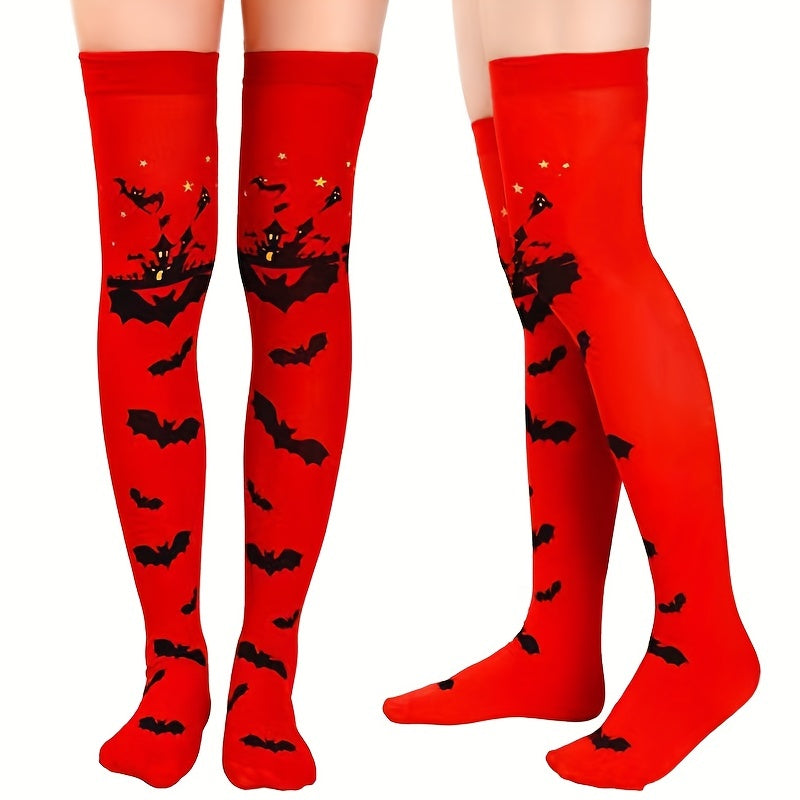 Bat Print Thigh High Socks Halloween Over The Knee Stockings