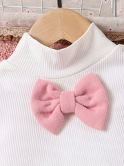 Girl's Bowknot Decor Outfit Ribbed Top & Pleated Skirt Set
