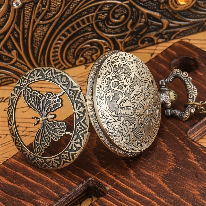 Vintage Butterfly Half Hunter Quartz Pocket Watch with Chain