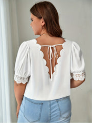 Plus Size Lace Trim Puff Sleeve V Neck Top