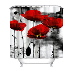 Red Poppy Shower Curtain Ink Painting 12 Hooks Waterproof Fabric Bath Decor