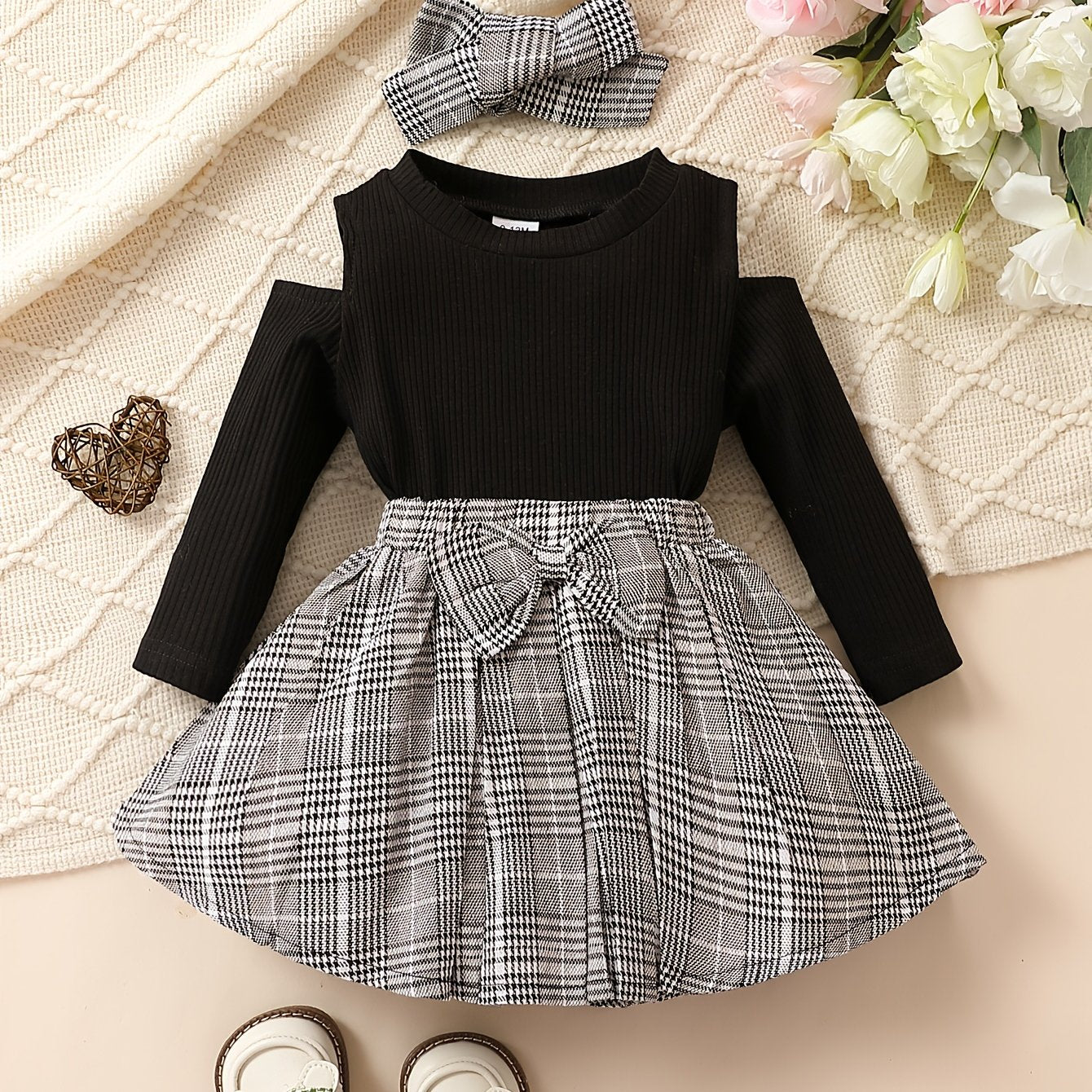 Baby Girls Preppy Style Outfit Long Sleeve Top Plaid Bow Skirt Set