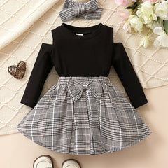 Baby Girls Preppy Style Outfit Long Sleeve Top Plaid Bow Skirt Set