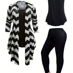 Women's Plus Wave Trim Long Sleeve Coat & Top & Leggings Set
