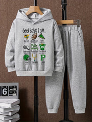 2pcs Boys Football Print Hoodie & Solid Sweatpants Set