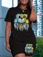 Bear Print Matching Two piece Set Casual Short Sleeve T shirt & Skinny Shorts