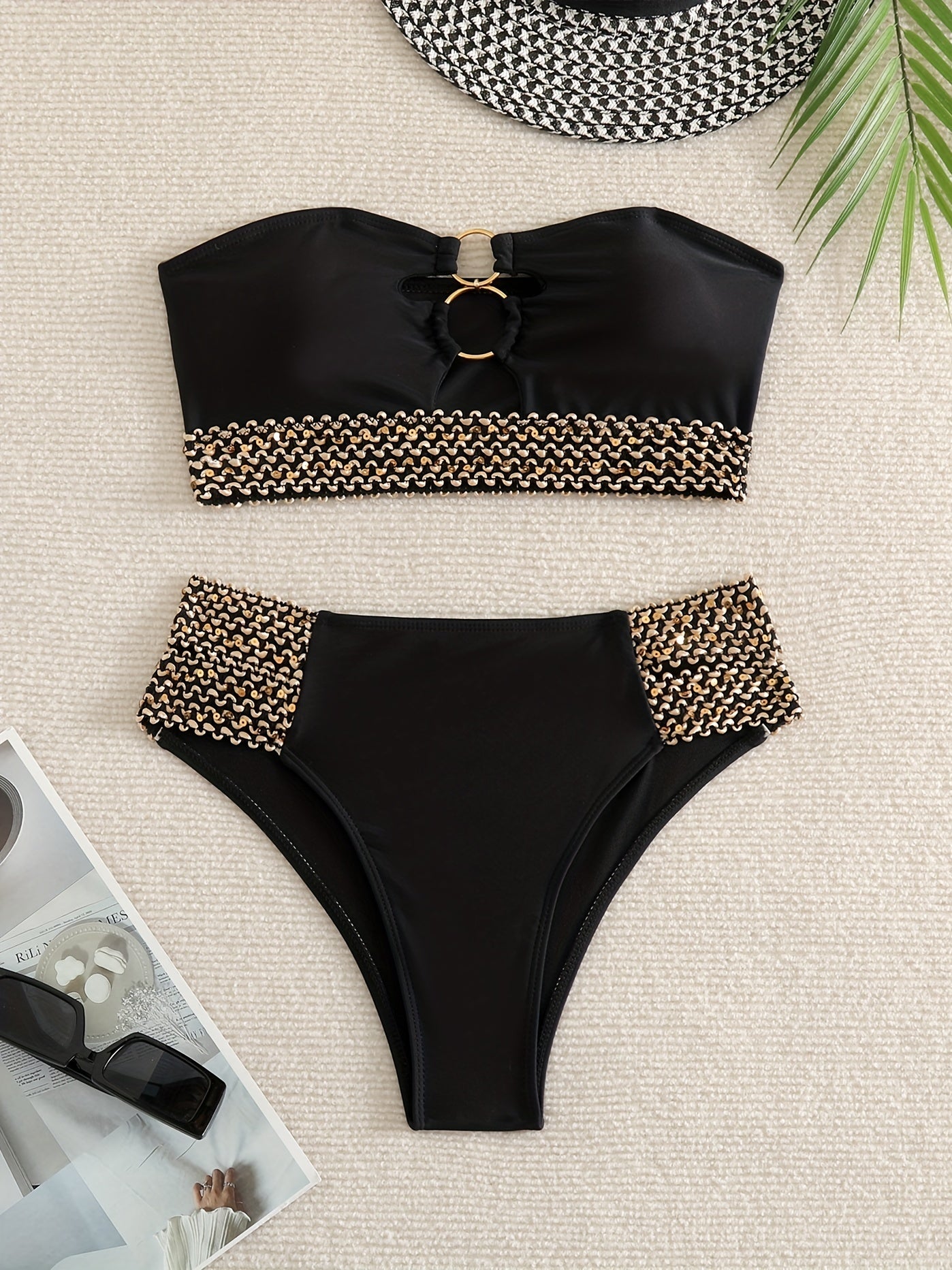 Glitter Band Ring Bikini Set Sexy Swimsuit Beachwear Stretchy Women's Swimwear