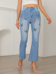 Butterfly Print Flare Leg Jeans High Rise Bell Bottoms