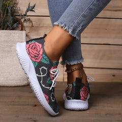 Women's Halloween Skull & Rose Printed Knit Sneakers