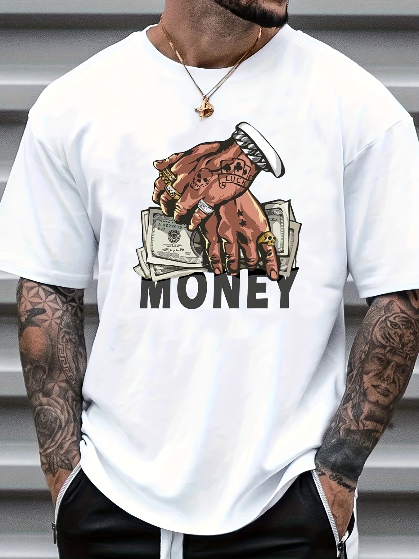 Cartoon Money & Hands Graphic Crew Neck T-shirt for Men