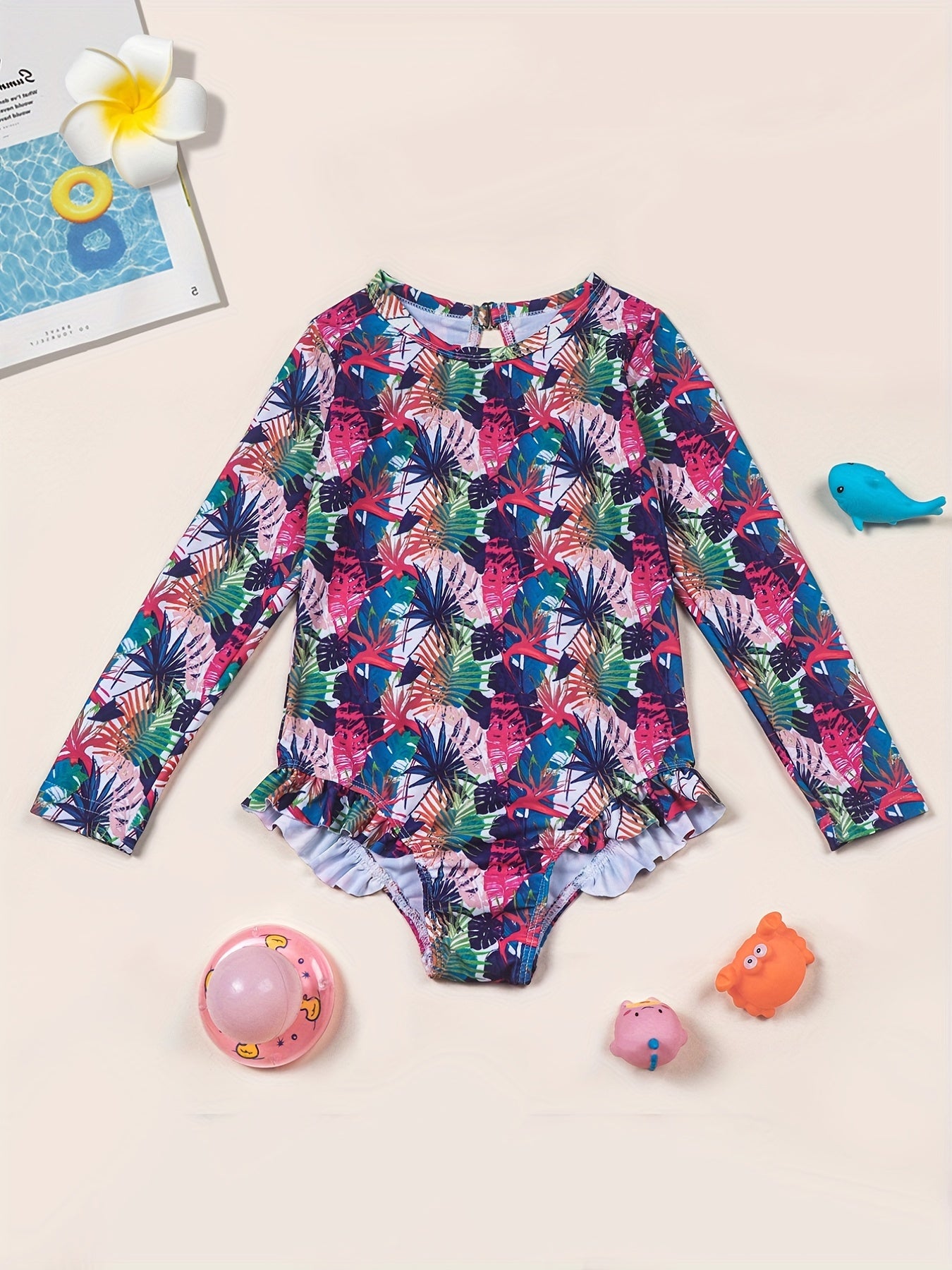 Girls One Piece Swimsuit Flamingo Tropical Flowers Long Sleeve
