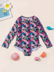 Girls One Piece Swimsuit Flamingo Tropical Flowers Long Sleeve