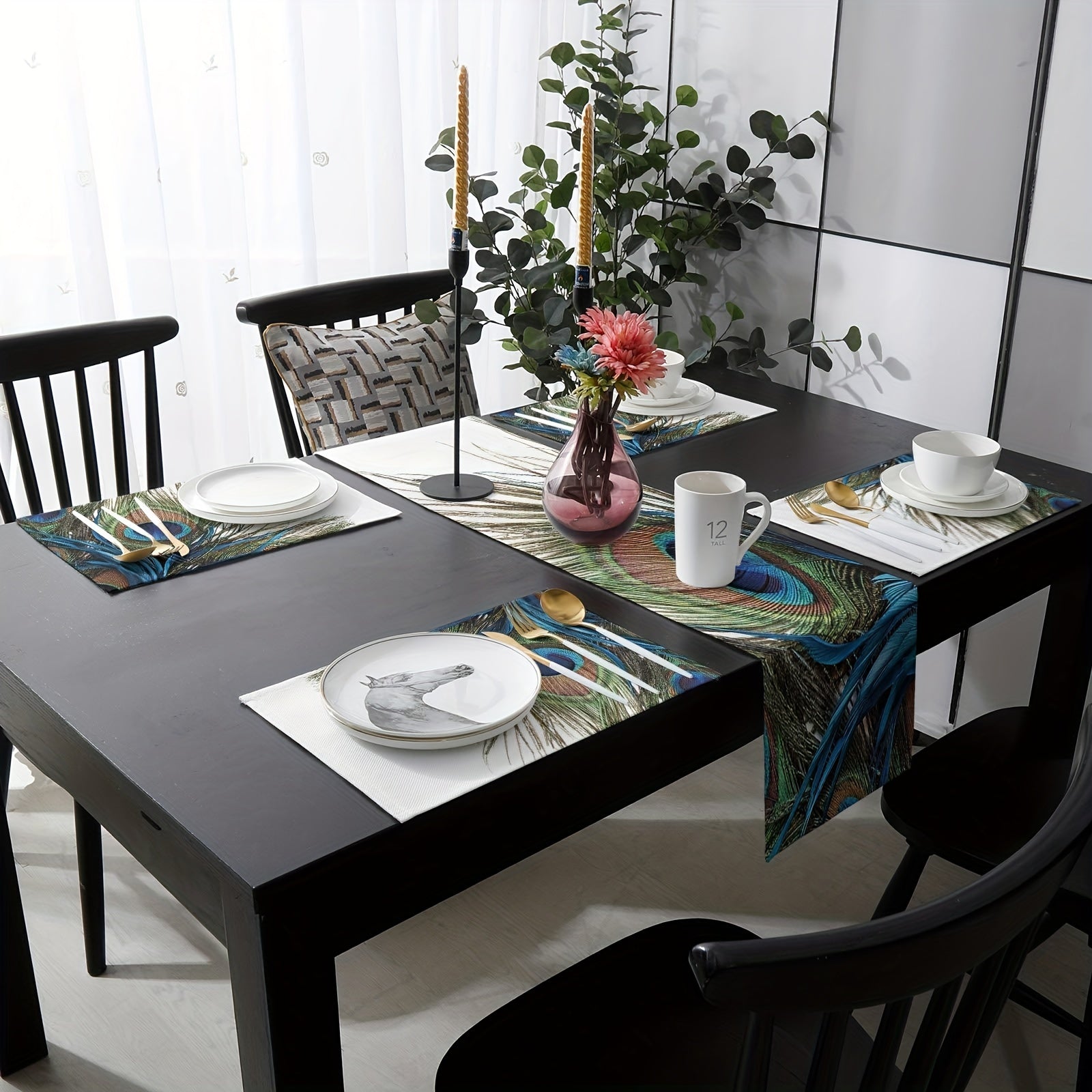 Peacock Feather Table Runner Heat Resistant Linen Mat Dining Room Decor