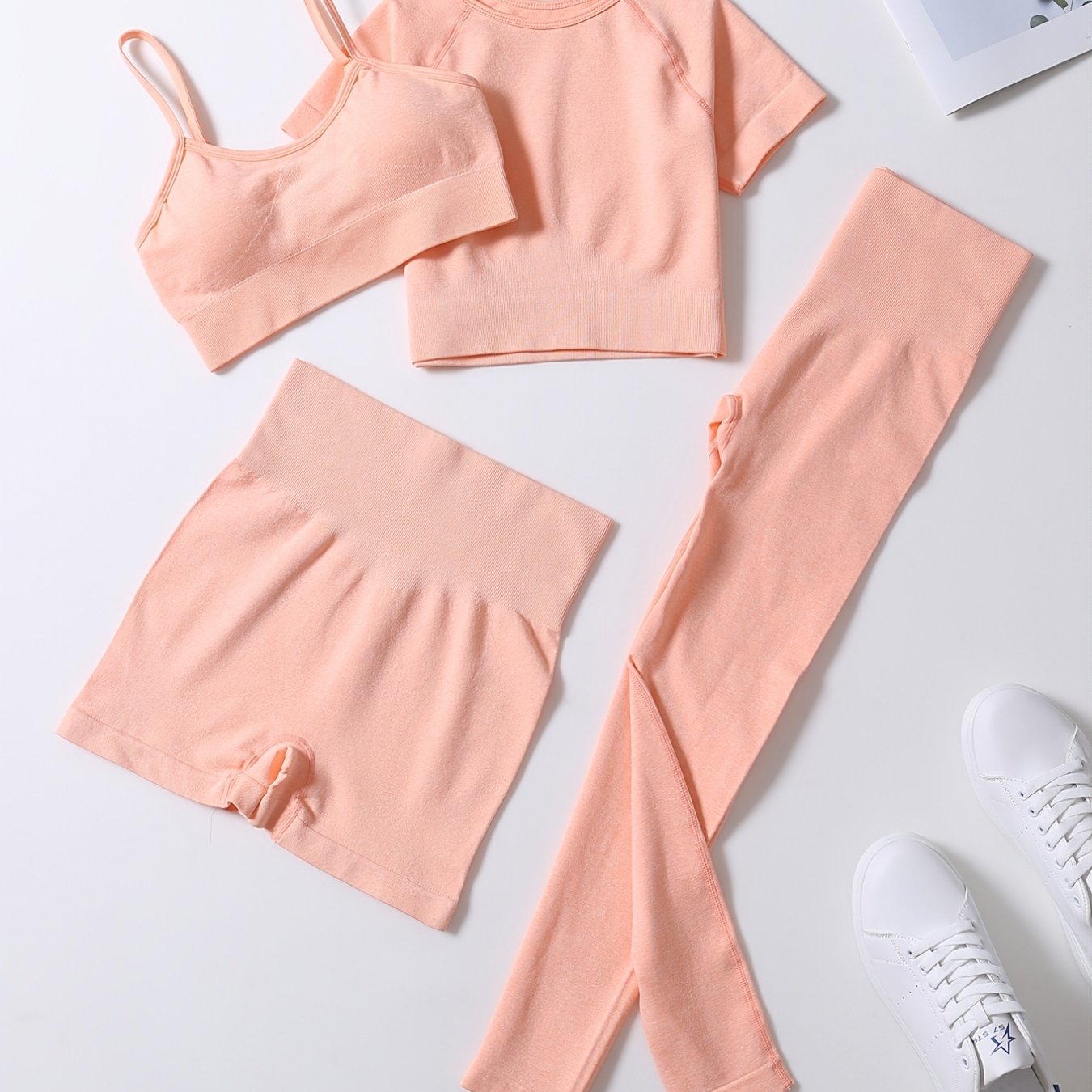 4Pcs Yoga Set High Stretch Crew Neck Crop Bra Tee Short Pants Sports Suit