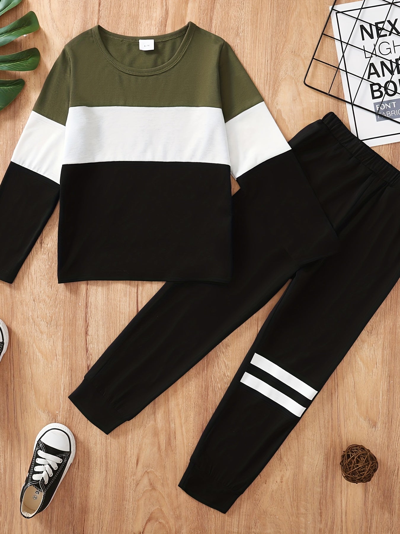 Boy's Block Stitching 2pcs Long Sleeve Top & Sweatpants Set