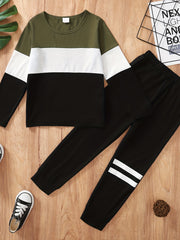 Boy's Block Stitching 2pcs Long Sleeve Top & Sweatpants Set