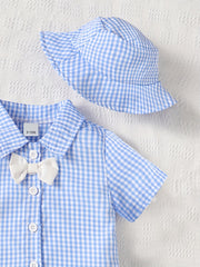 Baby Boys Bow Plaid Shirt Shorts Set With Hat Handsome Outfit