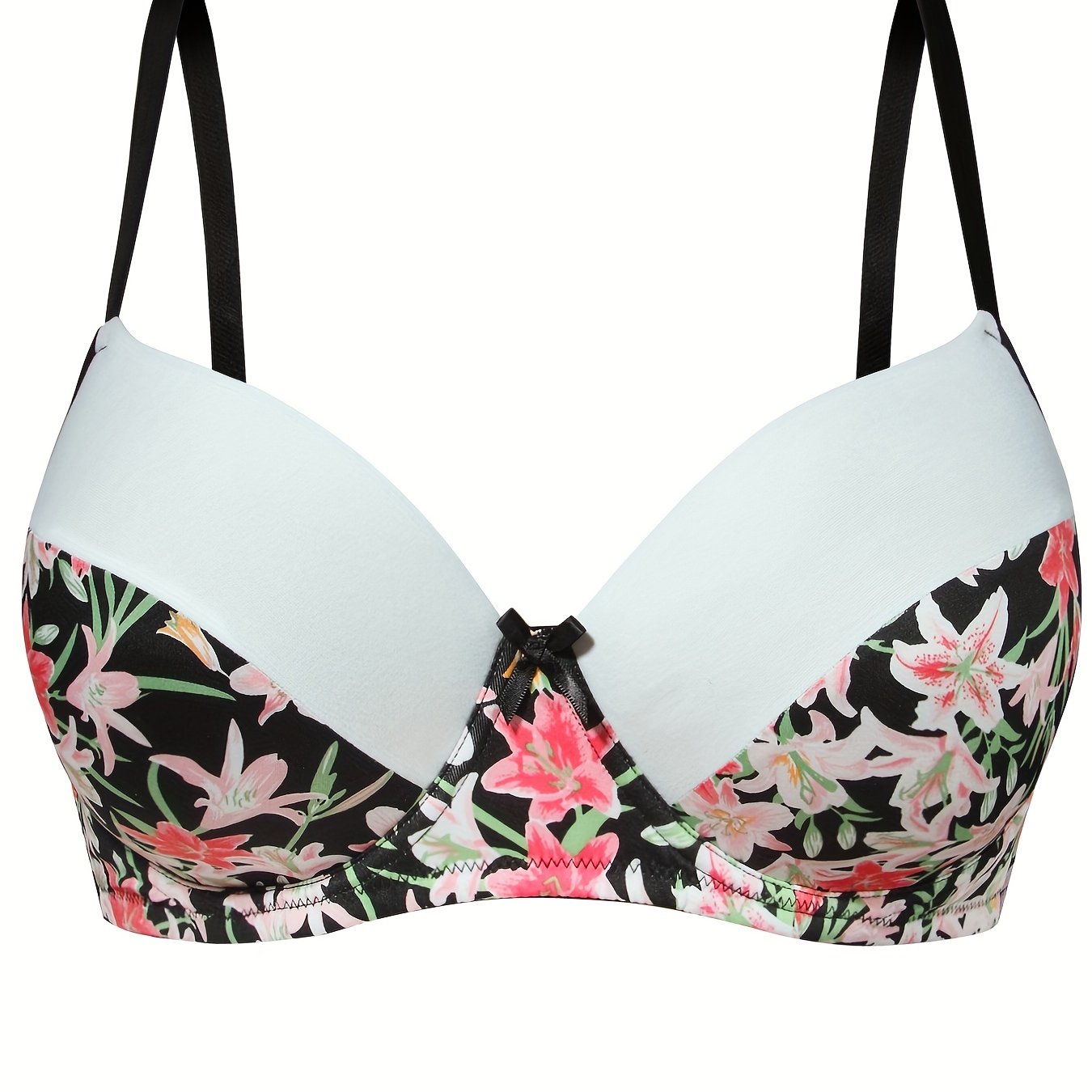 Colorblock Floral Print Molded Cup Underwire Bow Bra