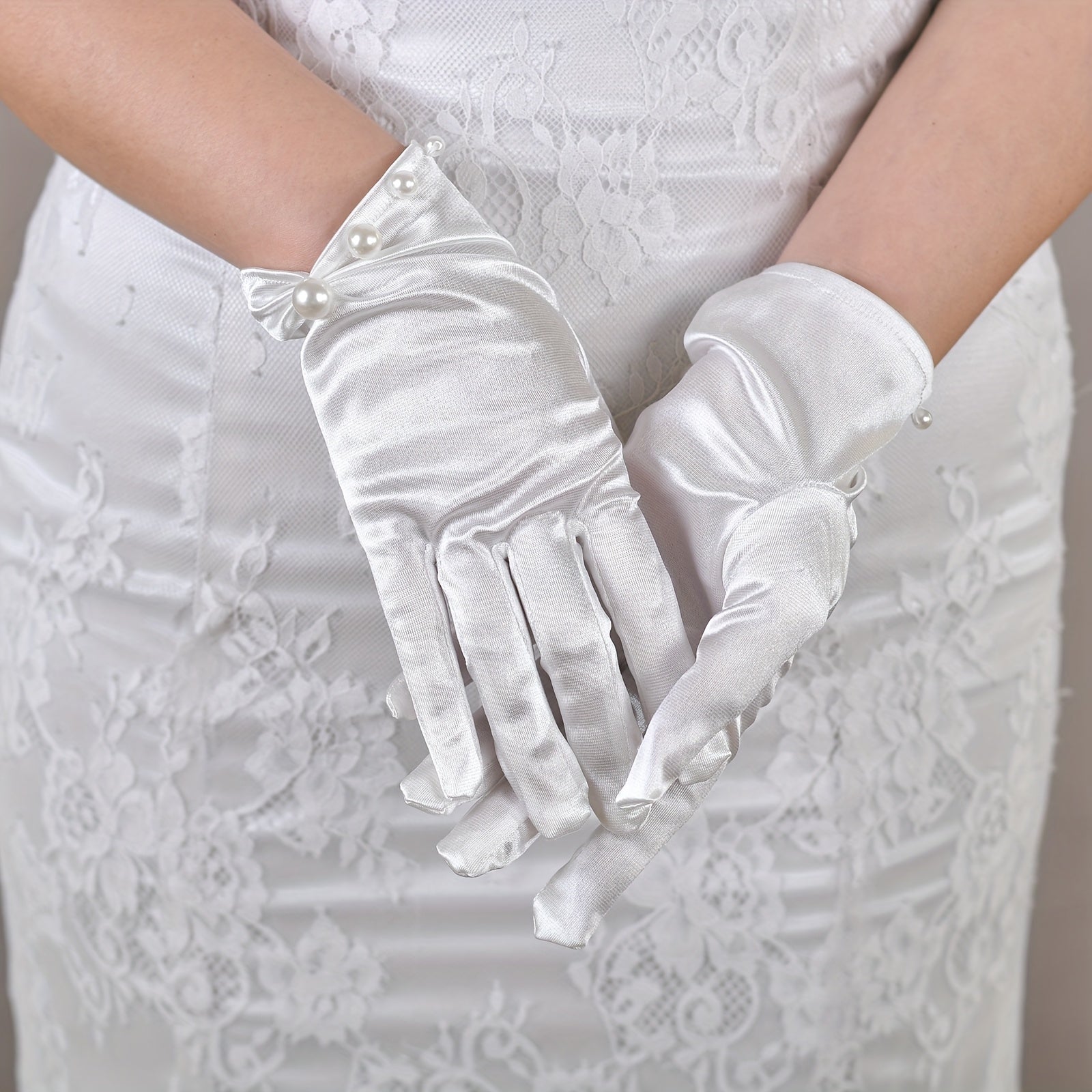 Satin Bride Gloves with Pearl Trim for Weddings