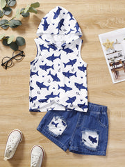 2pcs Shark Graphic Boys Hooded Tank Top&Shorts Set
