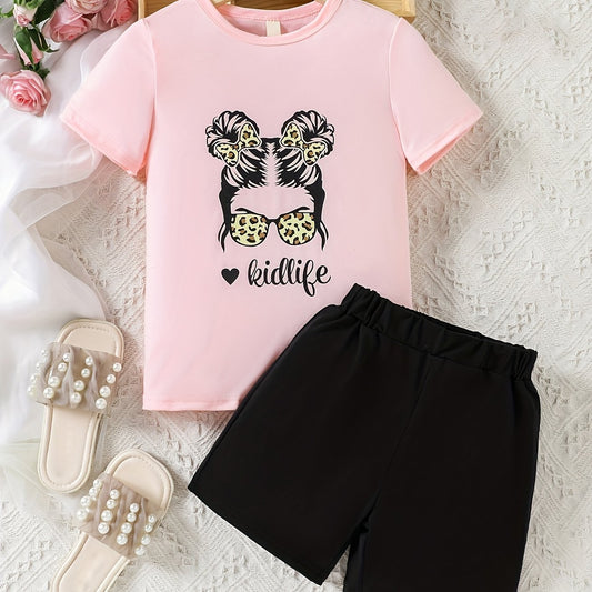 2pcs Girls Figure & Letter Graphic T Shirts & Shorts Set