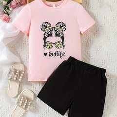 2pcs Girls Figure & Letter Graphic T Shirts & Shorts Set