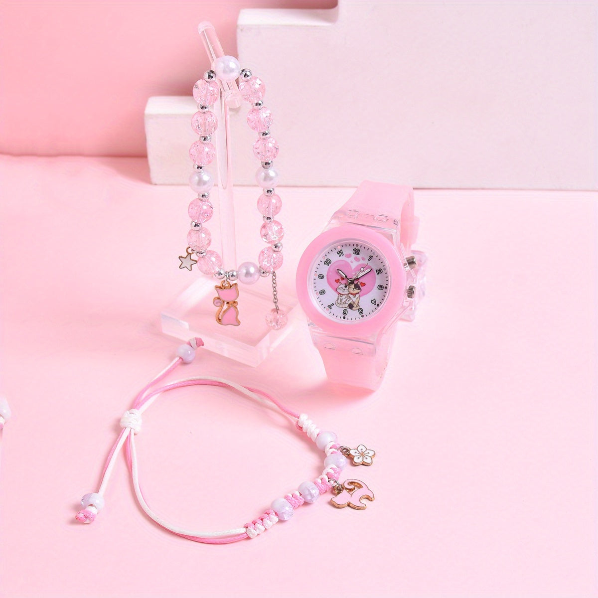 Girls' Cartoon Cat Watch Gift Set with Pendant Bracelet