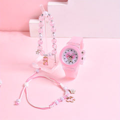 Girls' Cartoon Cat Watch Gift Set with Pendant Bracelet