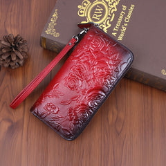 Vintage Red Leather Wristlet with Floral Embossing Zip Closure