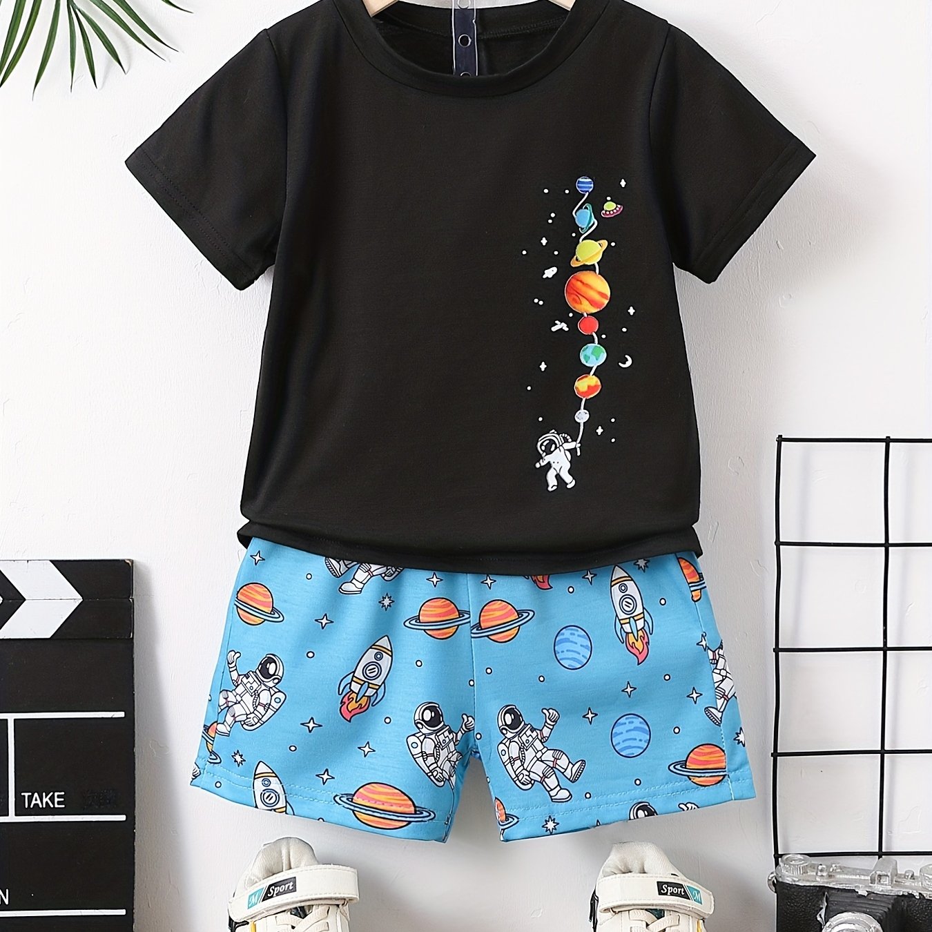Boys Astronaut Rocket Print T-shirt & Shorts Set Kids Summer Outfit