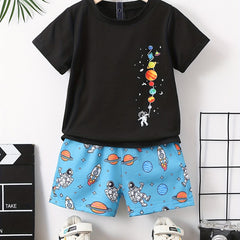 Boys Astronaut Rocket Print T-shirt & Shorts Set Kids Summer Outfit