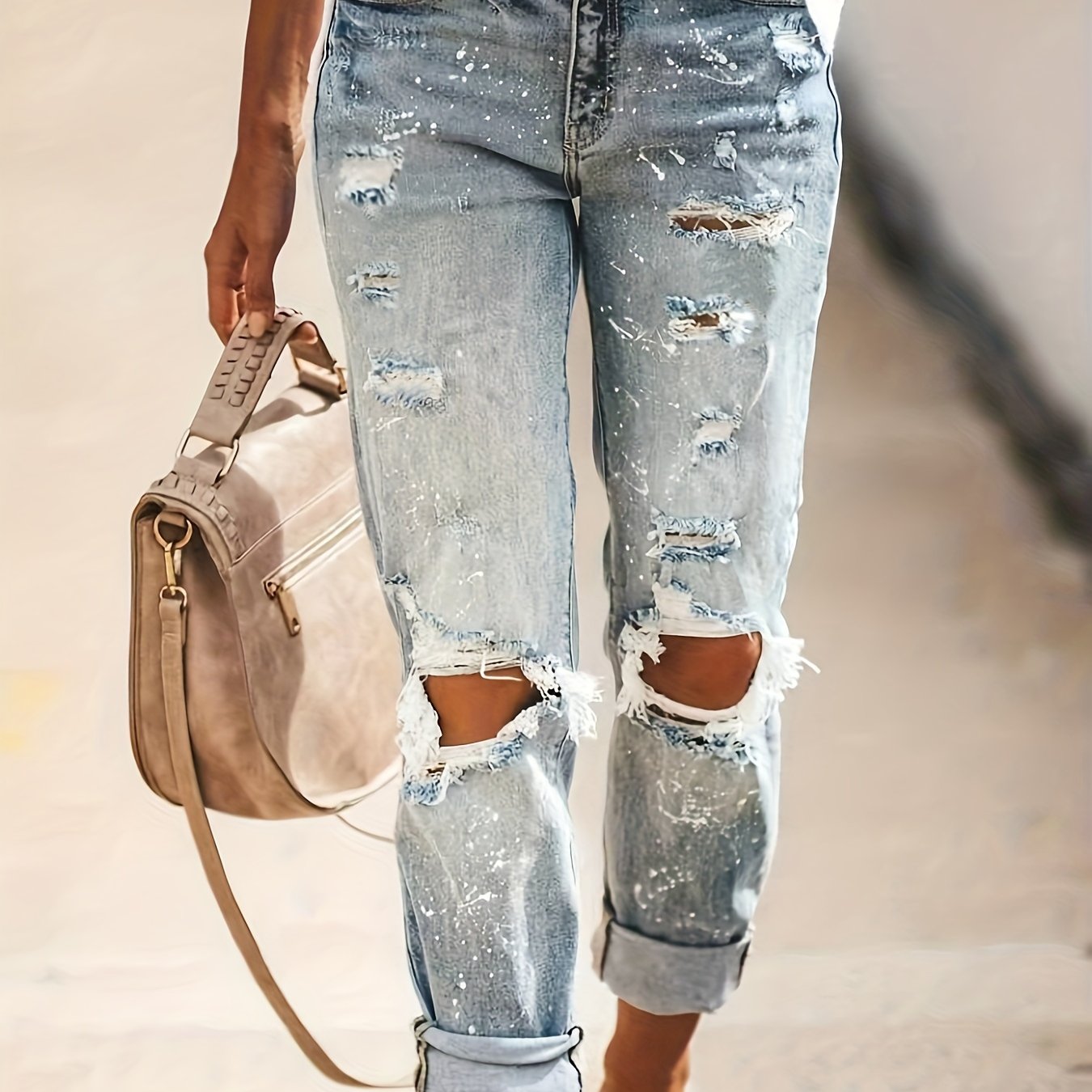 Loose Fit Straight Jeans Ripped Holes Distressed Denim Pants
