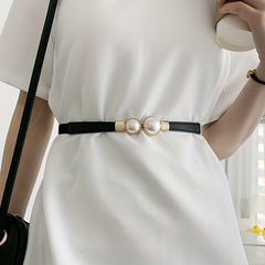 Faux Pearl Button Skirt Belt Elastic Waistband