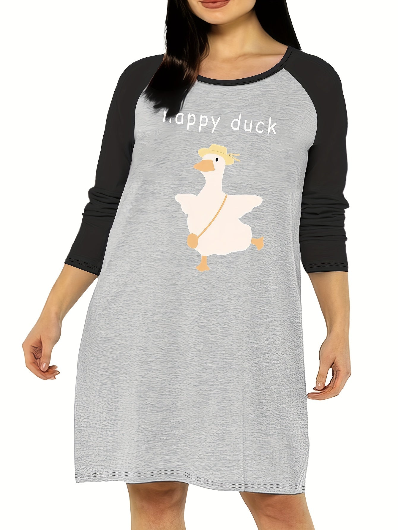 Duck & Letter Print Raglan Sleeve Round Neck Tee Sleep Dress