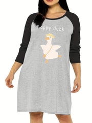 Duck & Letter Print Raglan Sleeve Round Neck Tee Sleep Dress