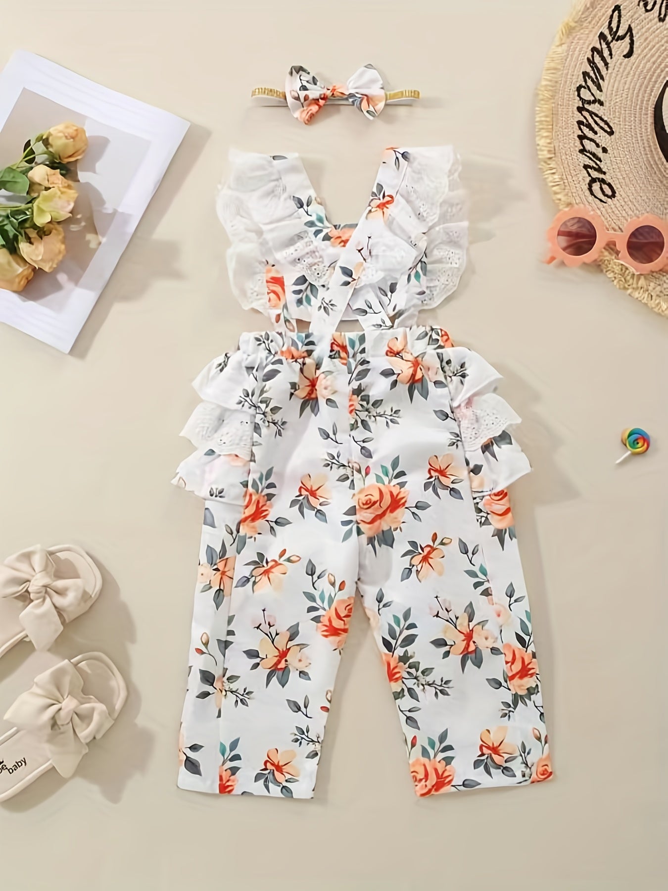 Baby Girls Flower Print Overalls