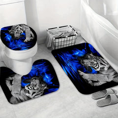 4pcs Tigers Flower Print Shower Curtain Set with Bath Rugs and Toilet Lid Mat