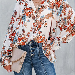 Women's Plus Floral Print Ruffle Trim Lantern Sleeve V Neck Blouse