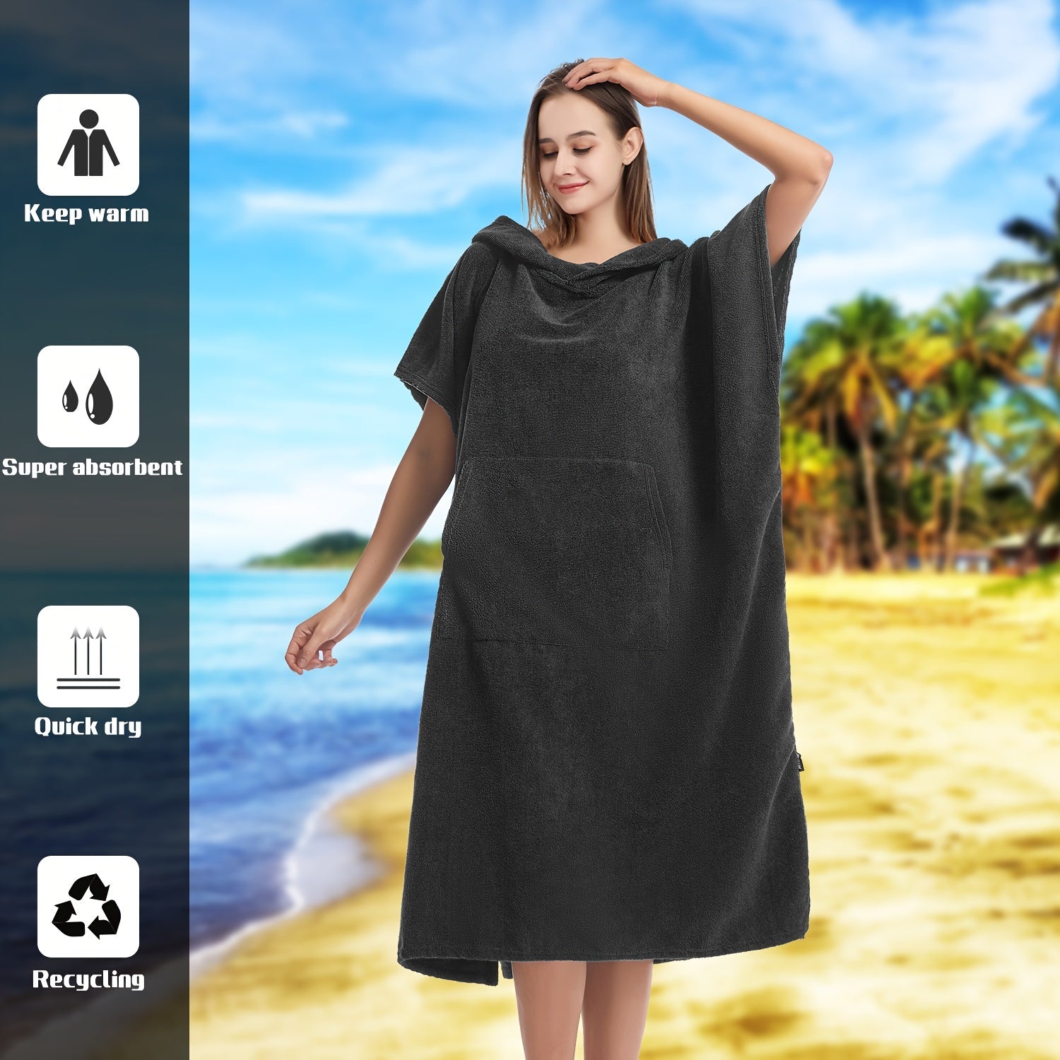 Quick Dry Hooded Towel Robe with Pocket for Swimming Surfing Unisex