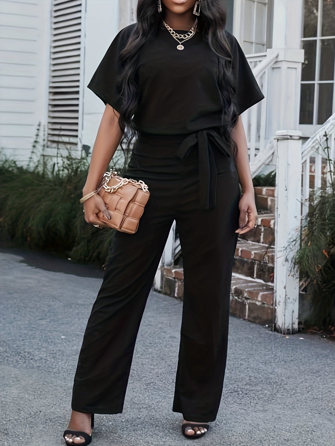 Short Sleeve Straight Leg Jumpsuit Solid Casual for Spring & Summer