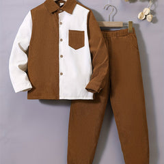 Boy's Corduroy Shirt & Sweatpants Set for Spring Fall