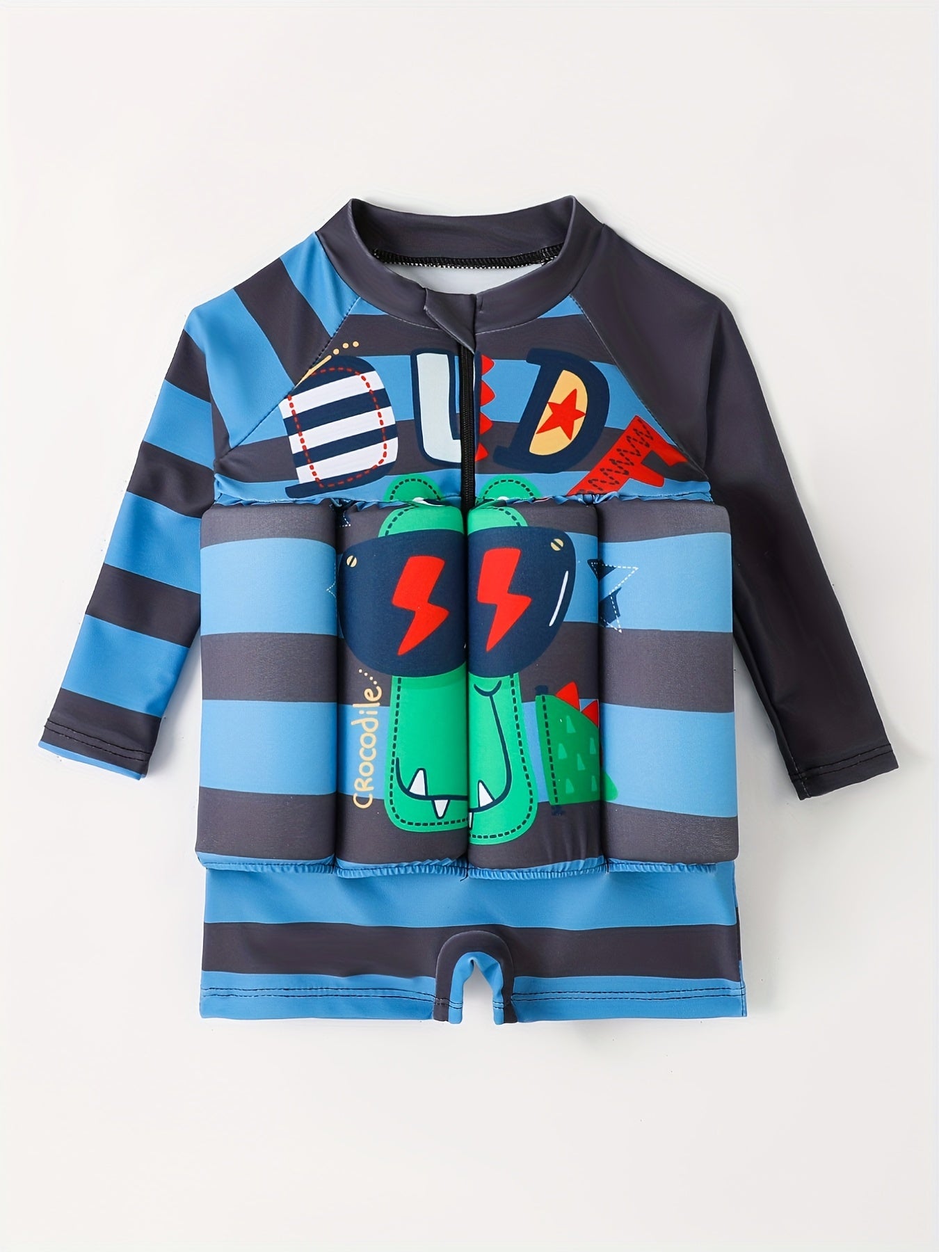 Boys' Striped One Piece Swimsuit with Long Sleeve Top and Shorts