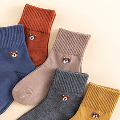 5 Pairs Solid Bear Cotton Socks for Autumn Winter