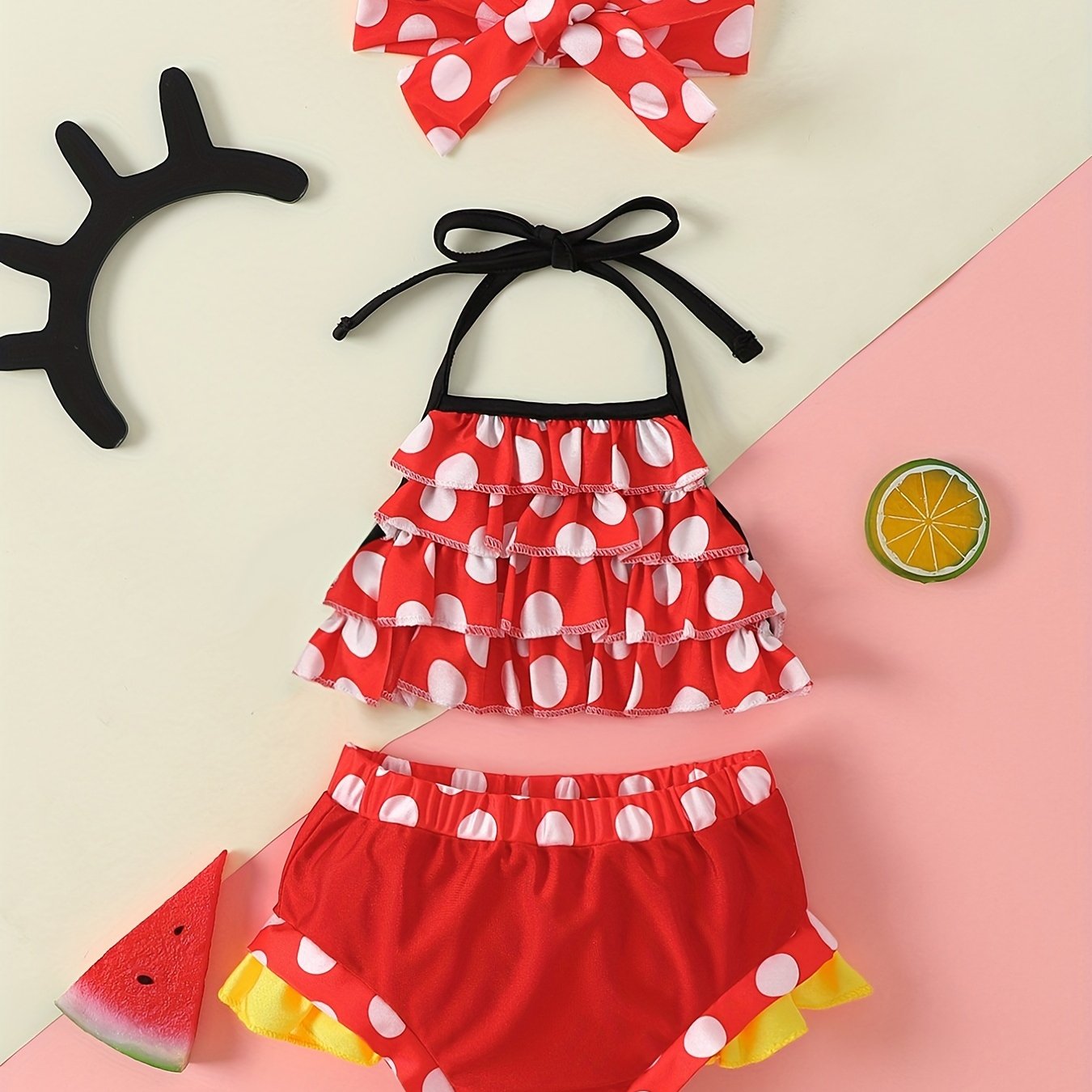 Baby Girls Polka Dot Halter Top & Shorts Swimsuit Headwear Set